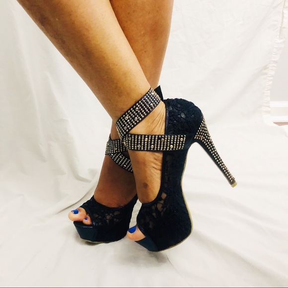 Krasceva Dark Blue Platform Studded Belted Heels - Picture 2 of 7
